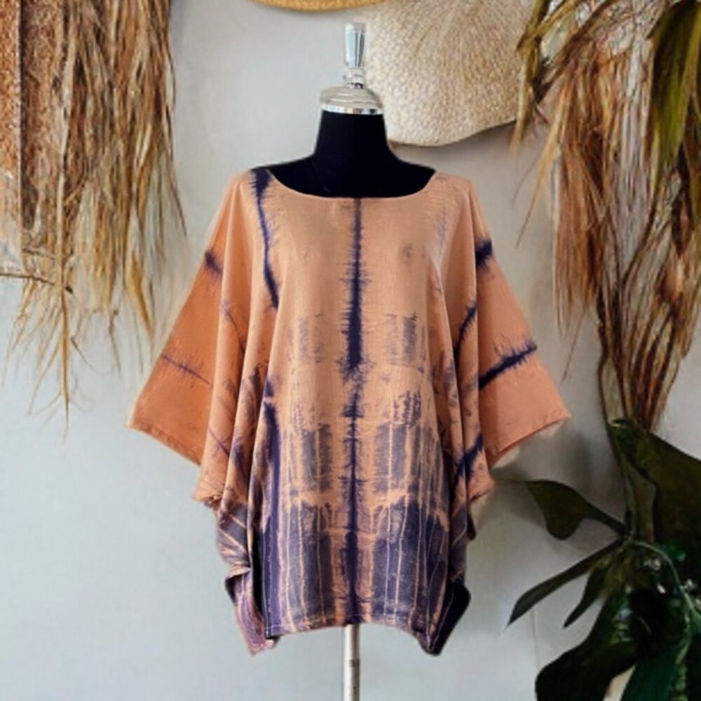 Coral Blue Hand Tie Dyed Dolman Sleeve Top Blouse Shirt (#20)